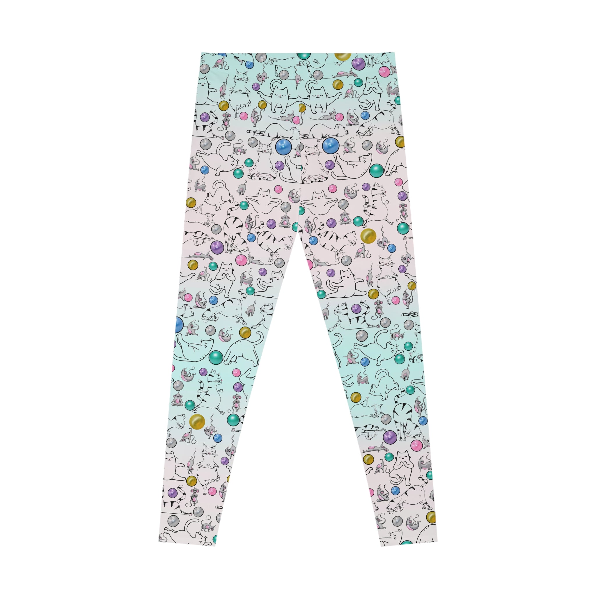 Playful Cat Print Stretchy Pilates/Yoga pants for a Comfortable & Fun exercise session.pink/pale green