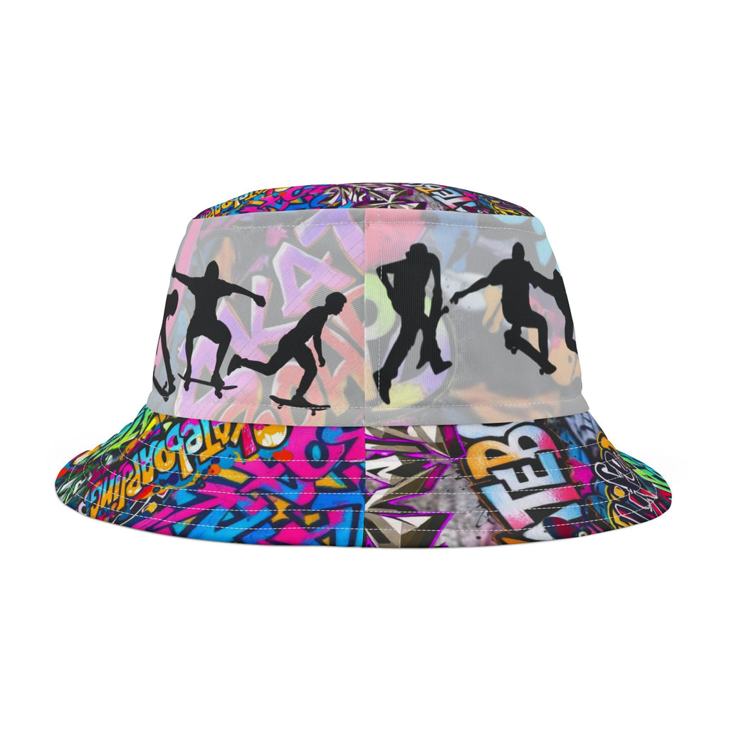 Skateboarder Bucket Hat with Graffiti Design,
