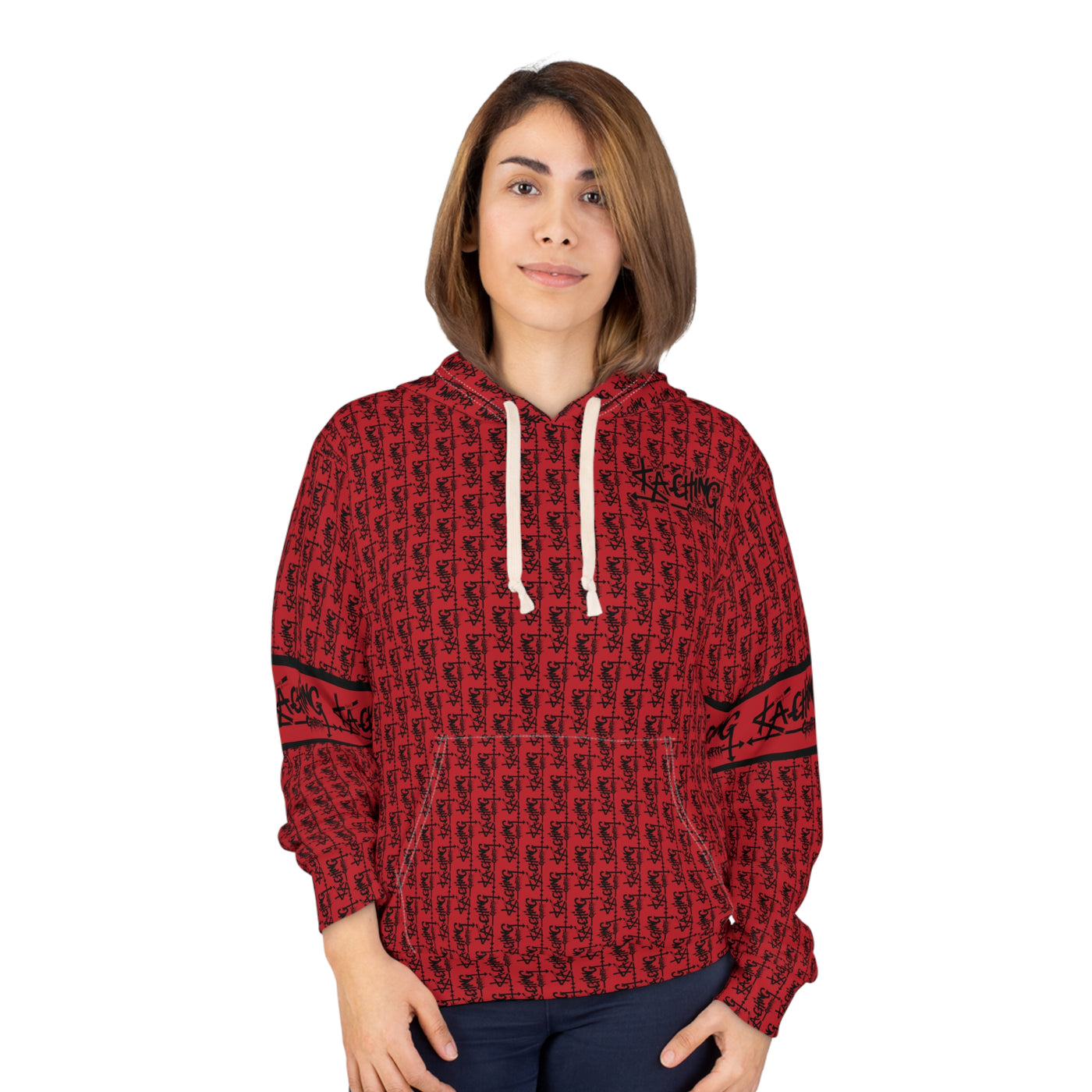 Ka-Ching Graffiti Dark Red Hoodie - Unisex Pullover, Streetwear Fashion, Casualwear, Unique Graphic Sweatshirt, Gift for Creative Souls