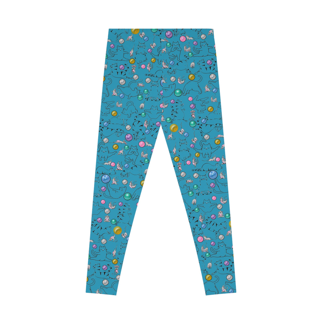 Playful Cat Print Stretchy Pilates/Yoga pants for a Comfortable & Fun exercise session. Turquoise
