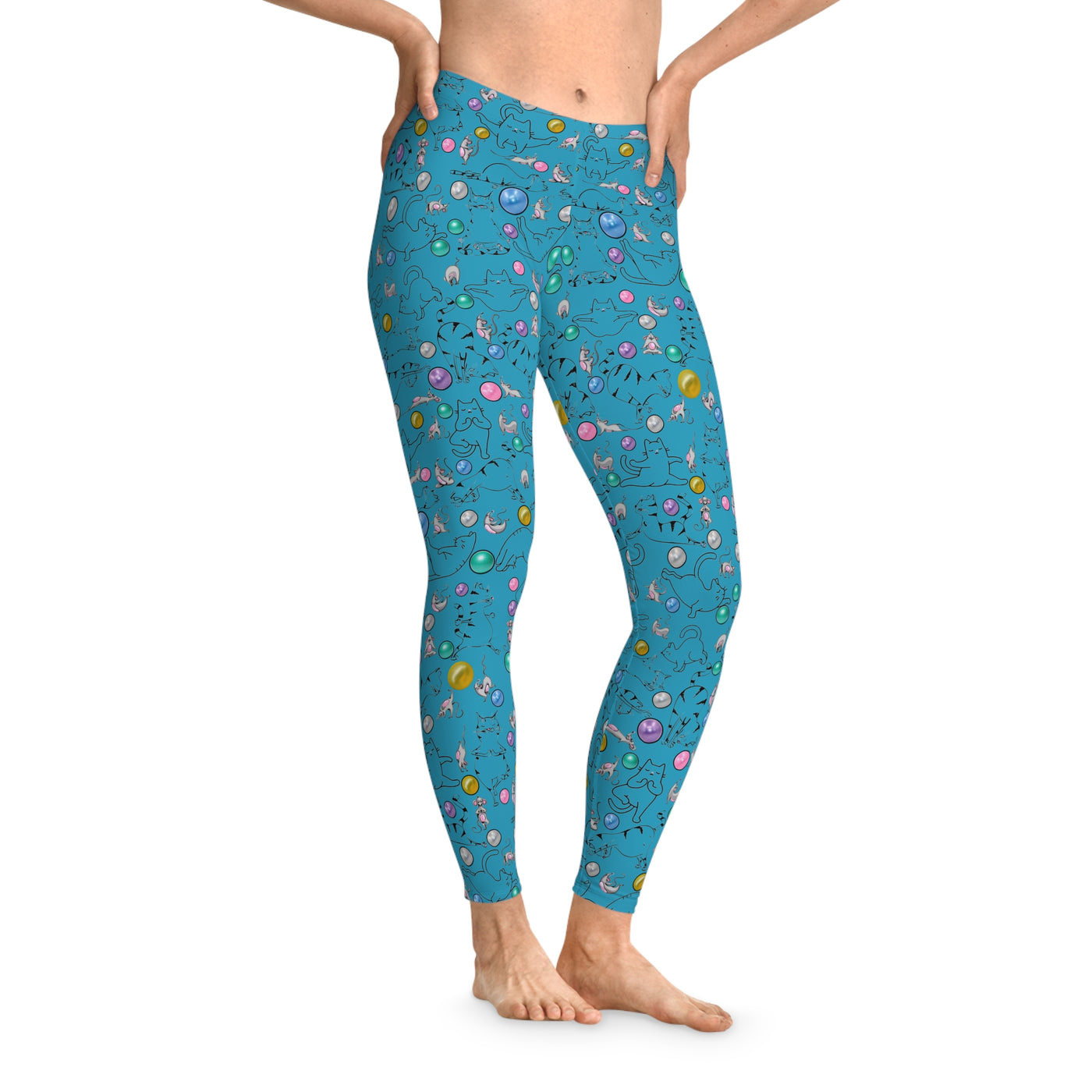 Playful Cat Print Stretchy Pilates/Yoga pants for a Comfortable & Fun exercise session. Turquoise