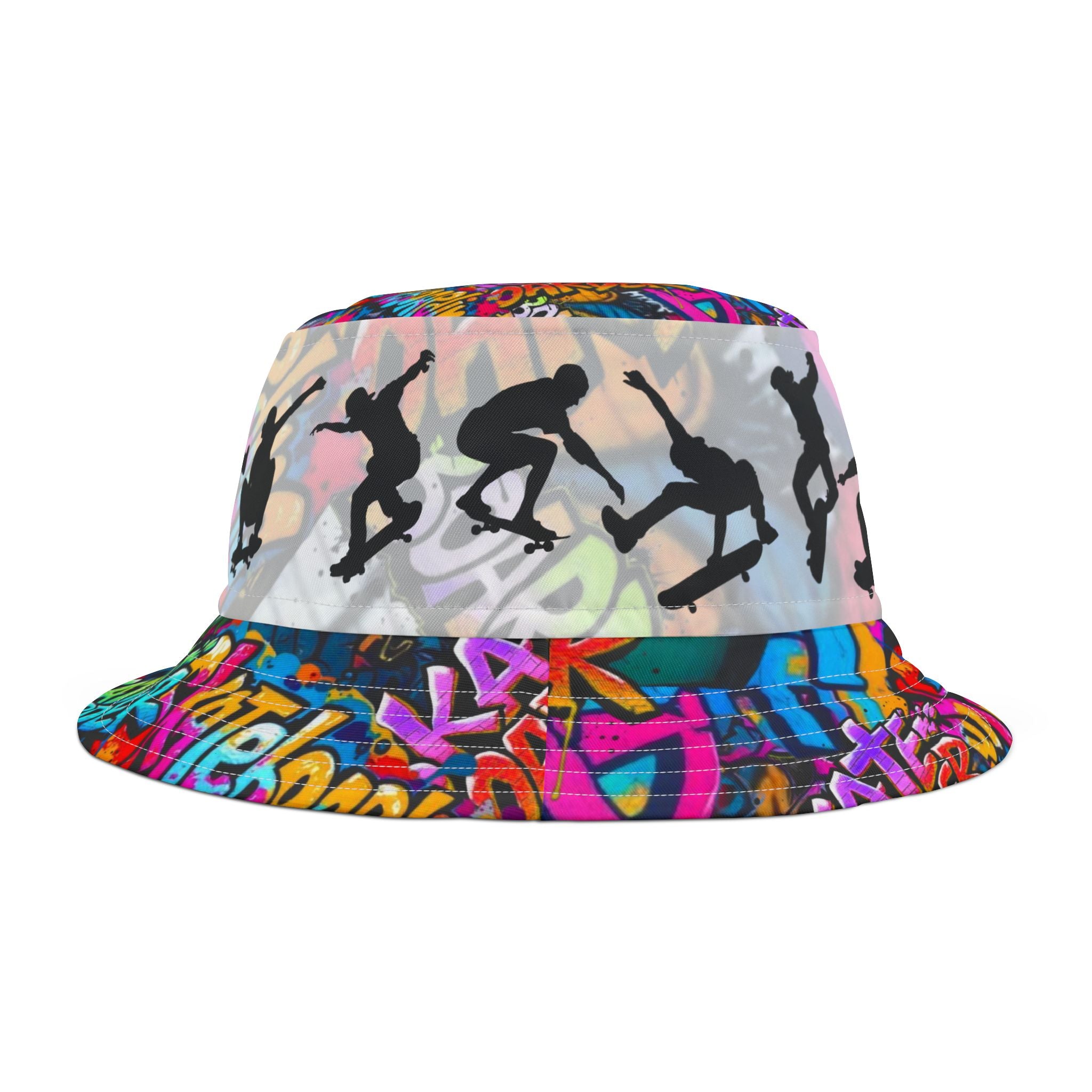 Skateboarder Bucket Hat with Graffiti Design,