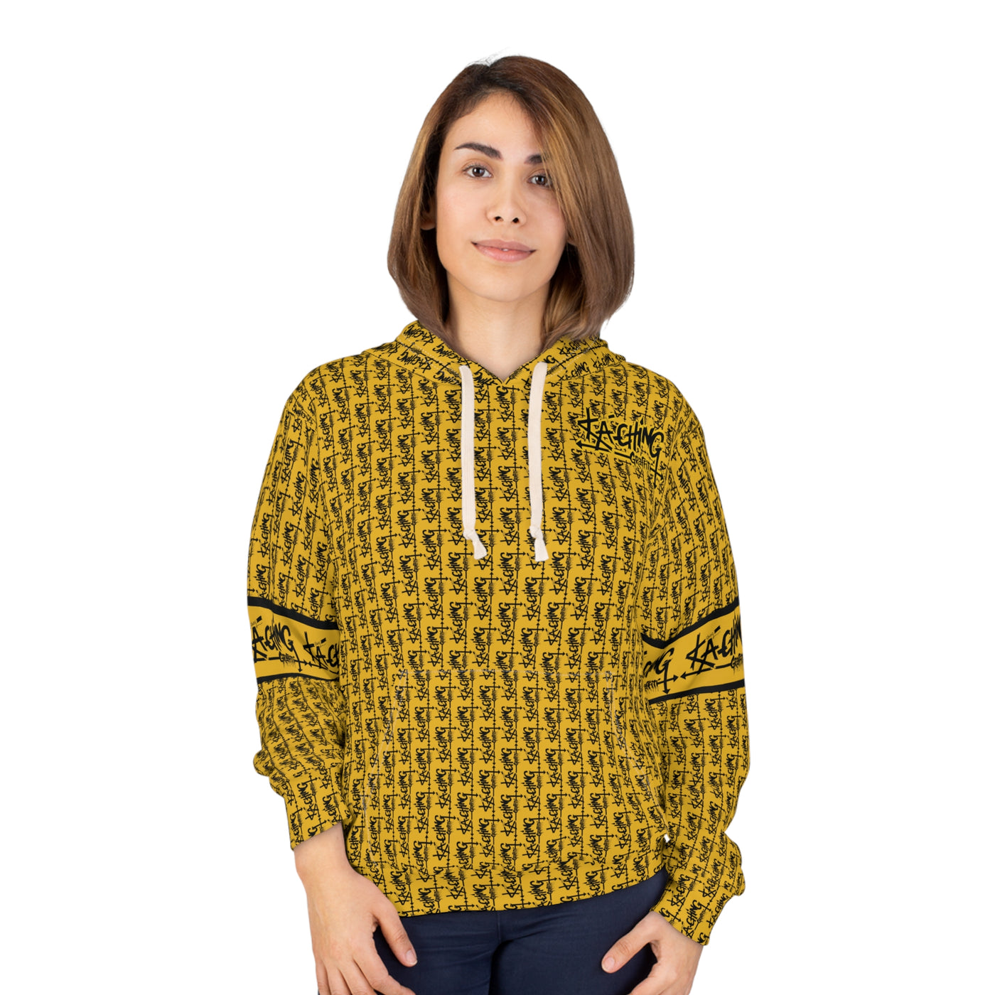Ka-Ching Graffiti Yellow Hoodie - Unisex Pullover, Streetwear Fashion, Casualwear, Unique Graphic Sweatshirt, Gift for Creative Souls
