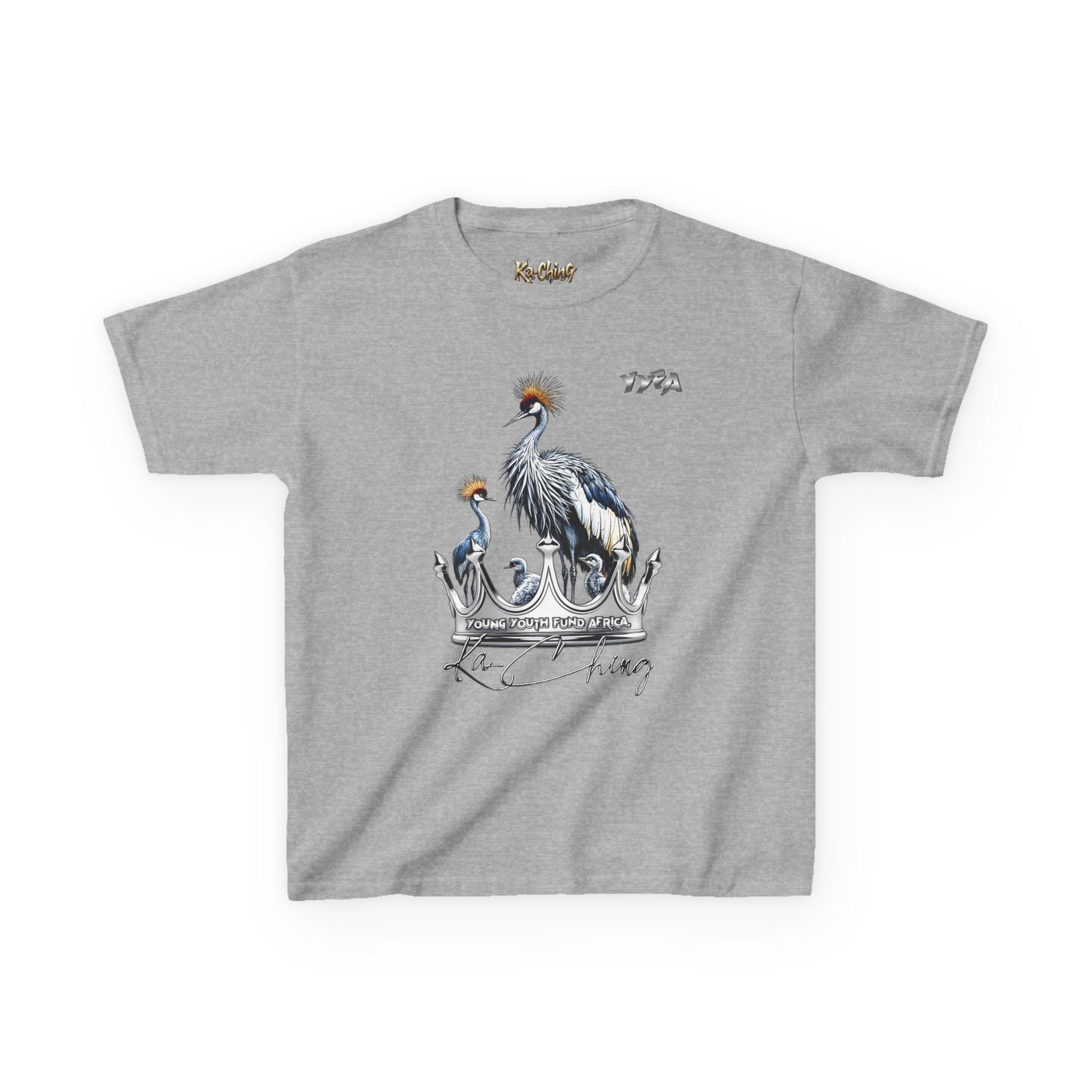 YYFA Kids T-Shirt — Crowned Crested Cranes Graphic Tee ("Rare King")