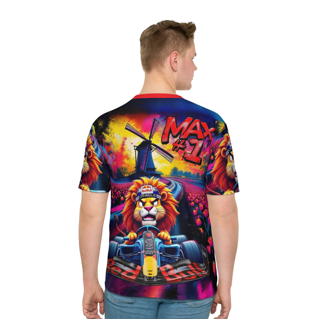 Max ĺlunisex Loose T-Shirt - Colorful Racing Design with N=-etherland Backdrop - Perfect for Motorsport Fans