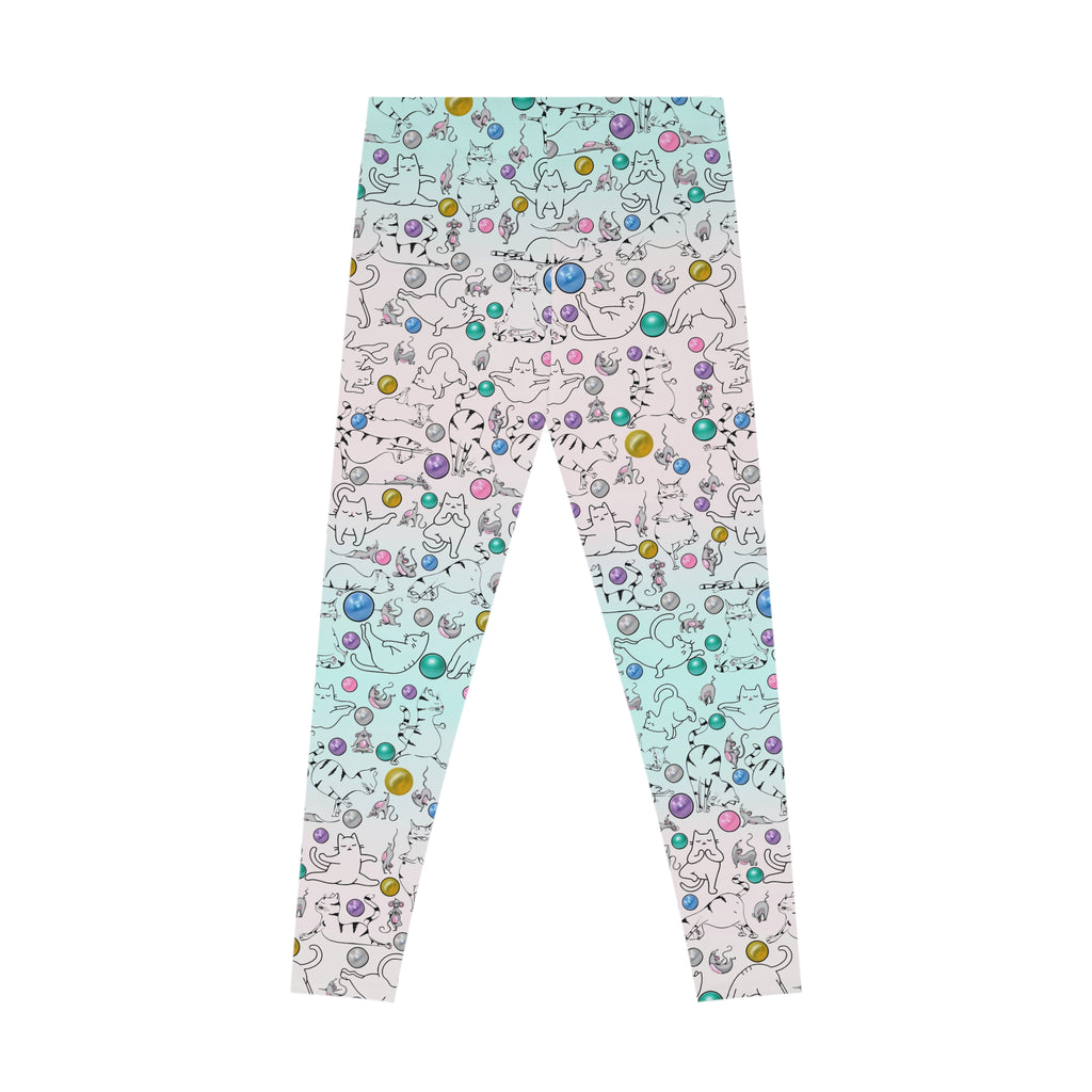 Playful Cat Print Stretchy Pilates/Yoga pants for a Comfortable & Fun exercise session.pink/pale green