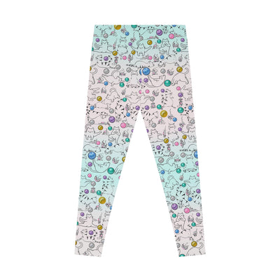 Playful Cat Print Stretchy Pilates/Yoga pants for a Comfortable & Fun exercise session.pink/pale green