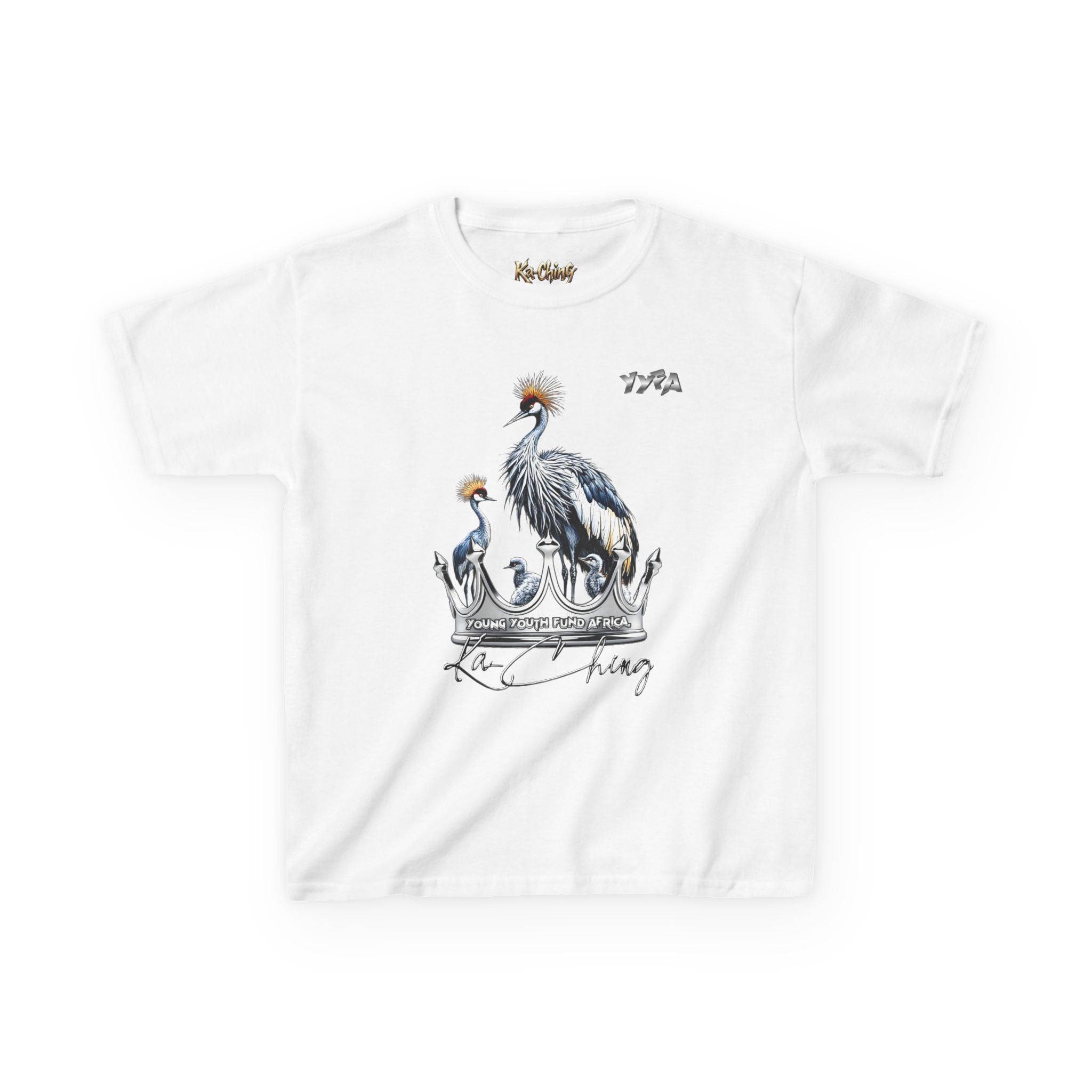 YYFA Kids T-Shirt — Crowned Crested Cranes Graphic Tee ("Rare King")