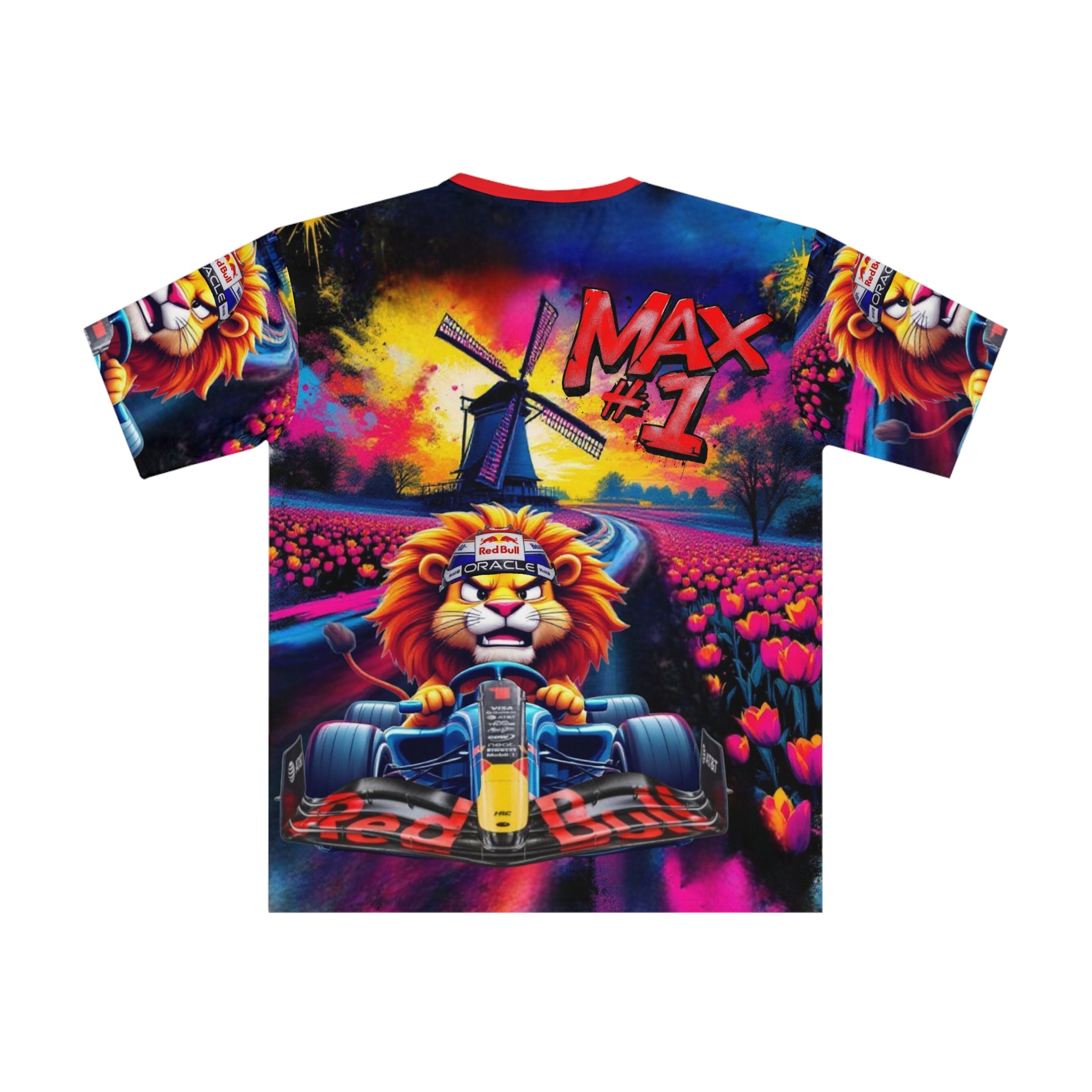Max ĺlunisex Loose T-Shirt - Colorful Racing Design with N=-etherland Backdrop - Perfect for Motorsport Fans