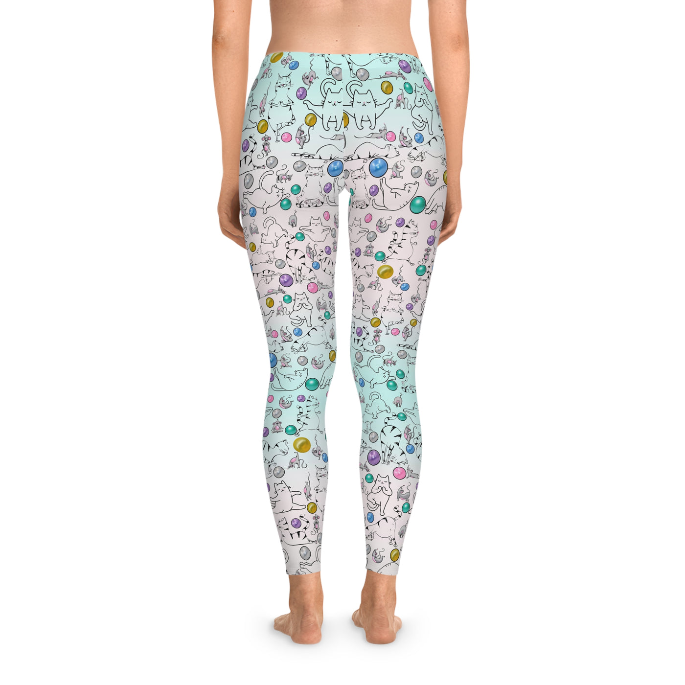 Playful Cat Print Stretchy Pilates/Yoga pants for a Comfortable & Fun exercise session.pink/pale green