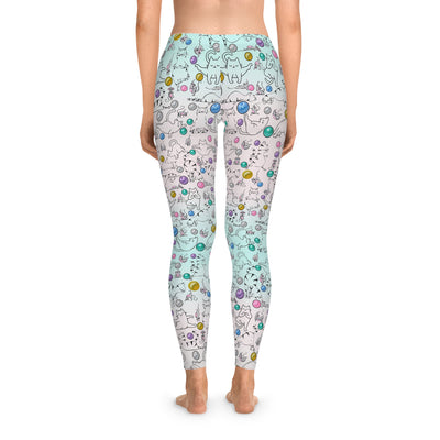 Playful Cat Print Stretchy Pilates/Yoga pants for a Comfortable & Fun exercise session.pink/pale green