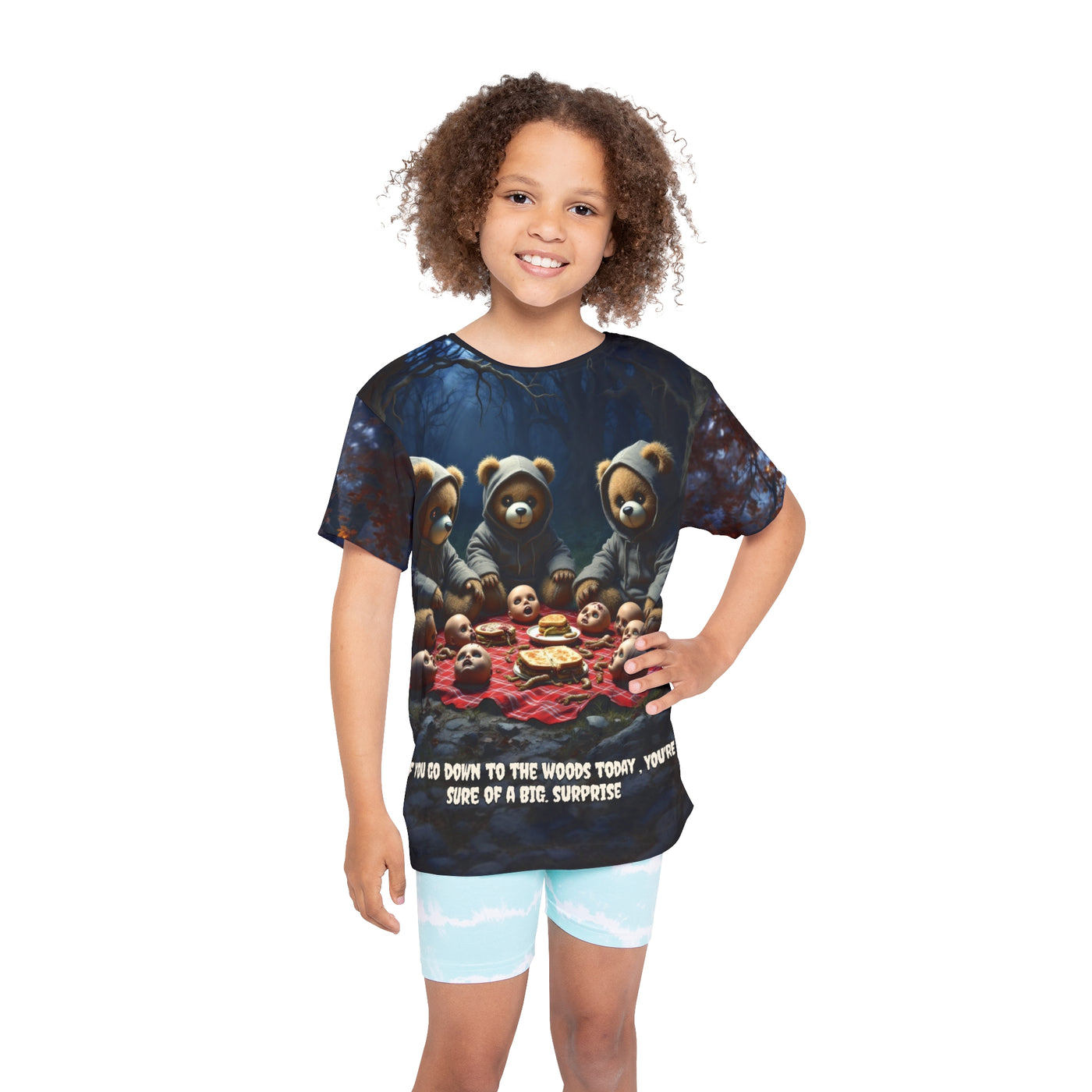 f you dare go down to the woods today unisex kid Tee