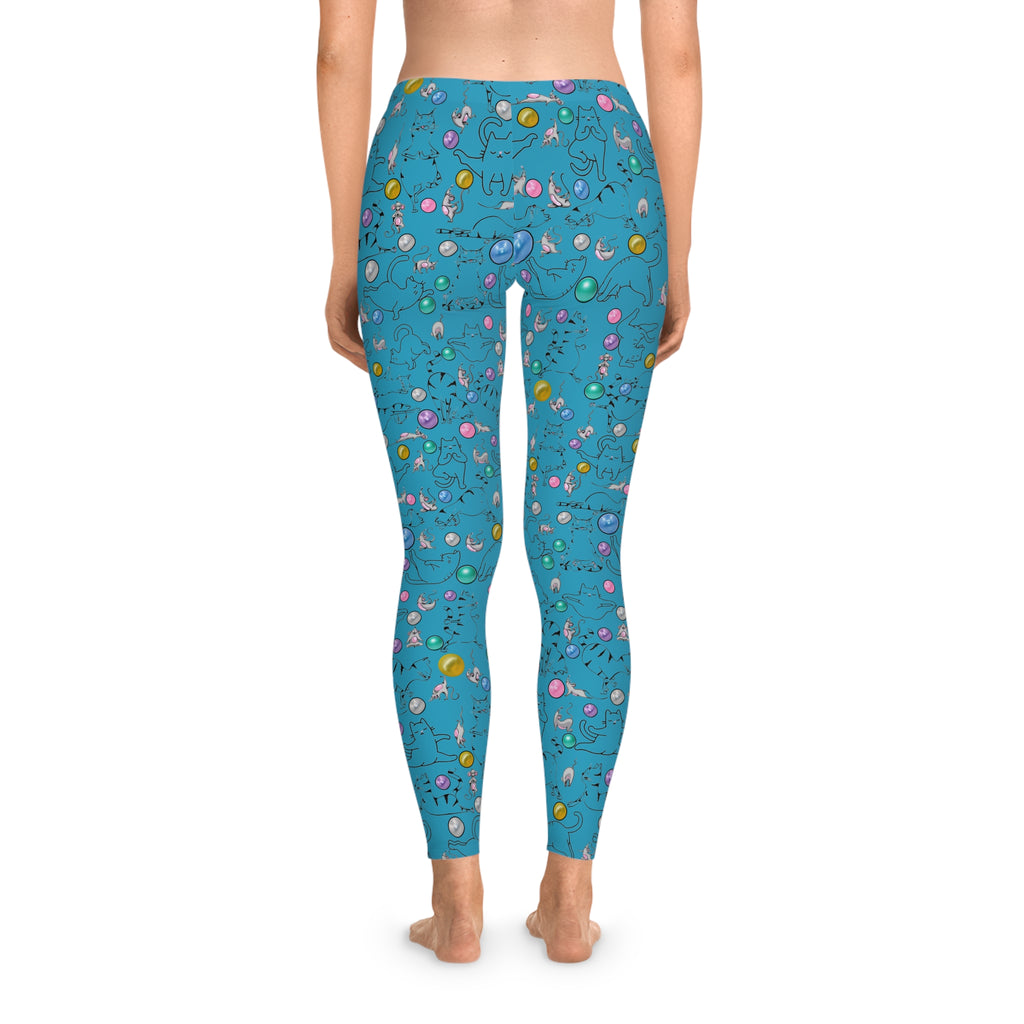 Playful Cat Print Stretchy Pilates/Yoga pants for a Comfortable & Fun exercise session. Turquoise