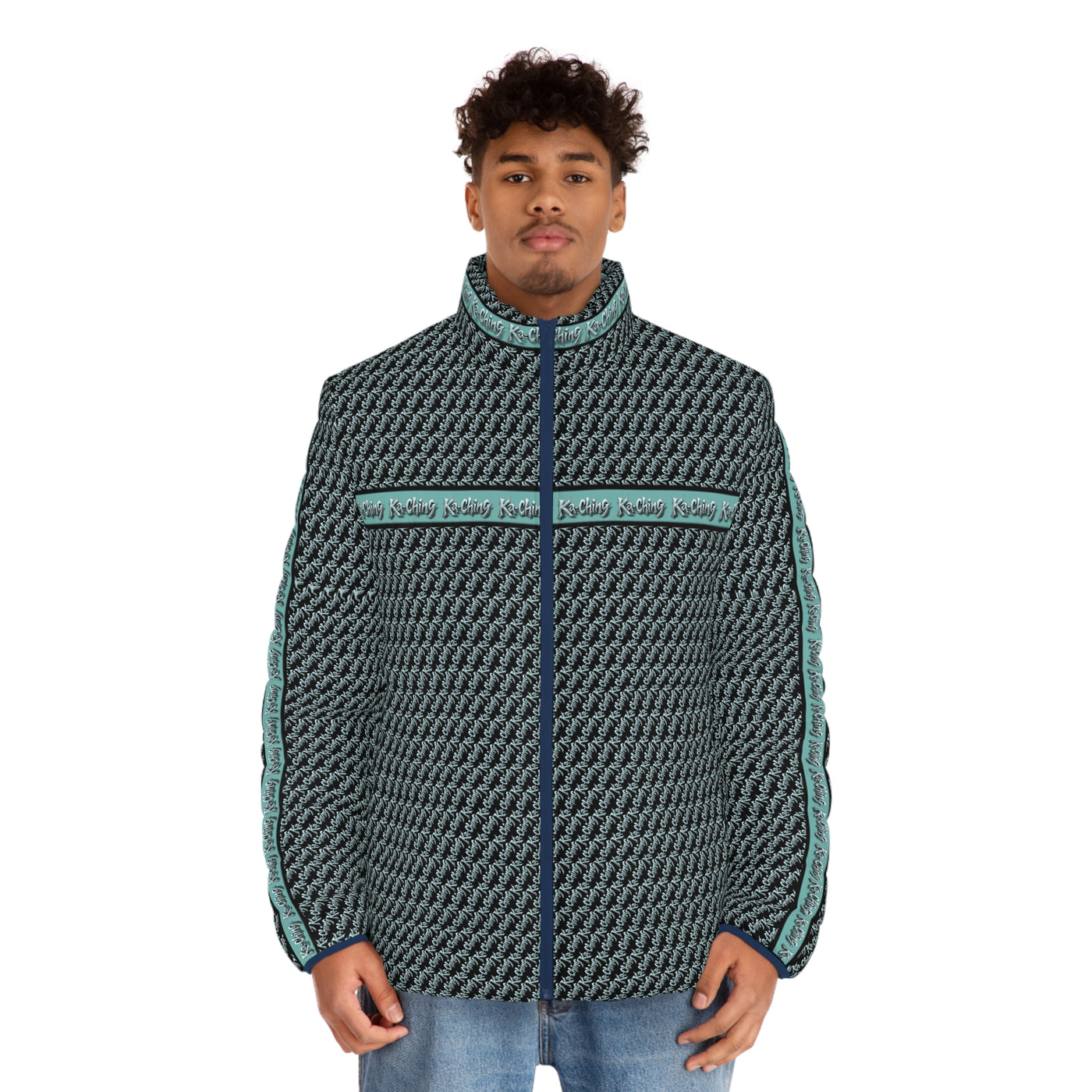 Ka-Ching Teal designer print Puffer Jacket limited edition