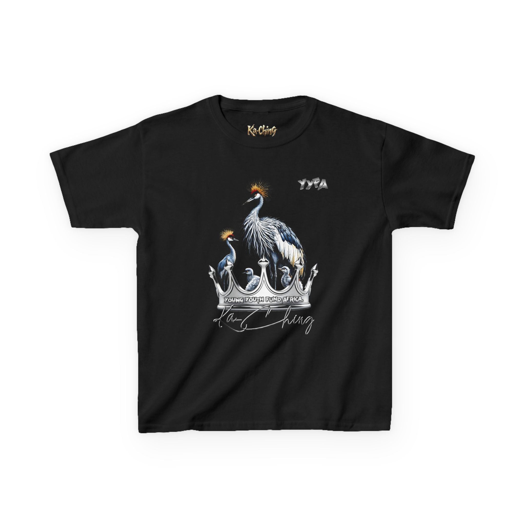 YYFA Kids T-Shirt — Crowned Crested Cranes Graphic Tee ("Rare King")