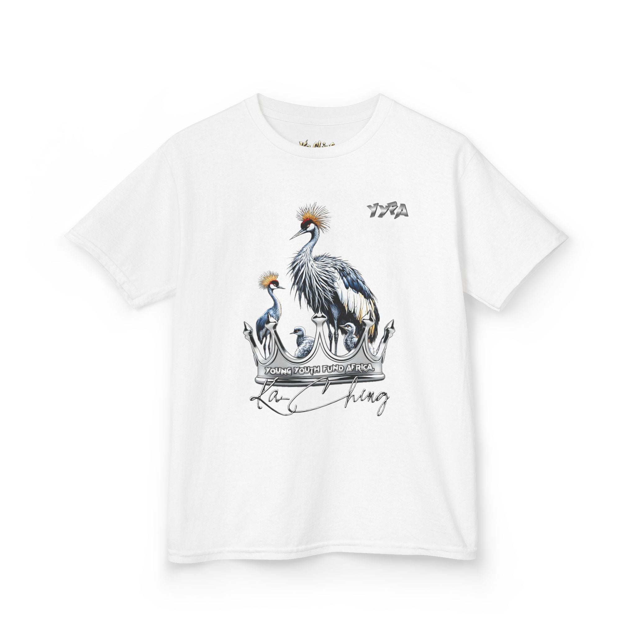 YYFA Kids T-Shirt — Crowned Crested Cranes Graphic Tee ("Rare King")