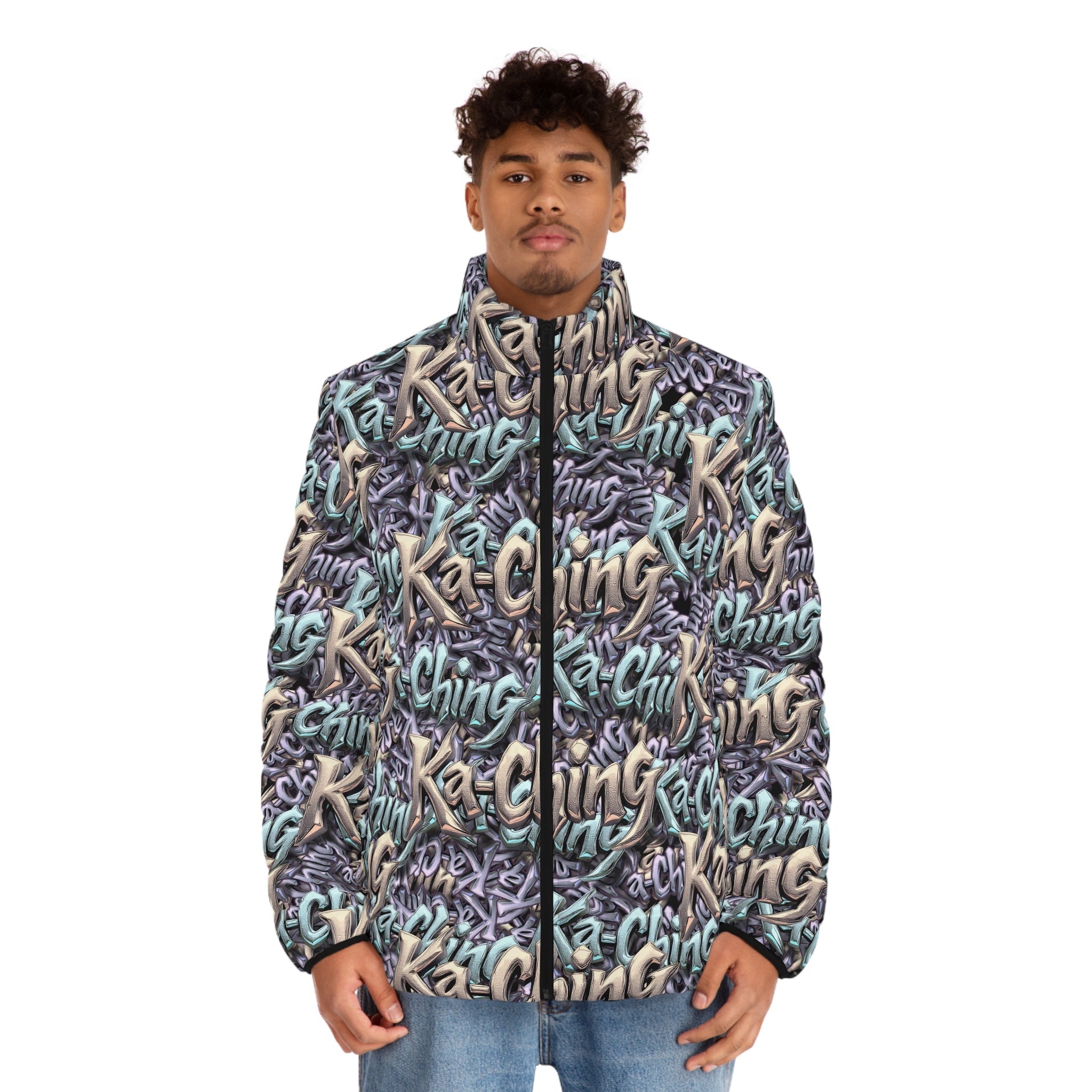 Ka-Ching Mauve Teal Tan graffiti designer print Puffer Jacket limited edition