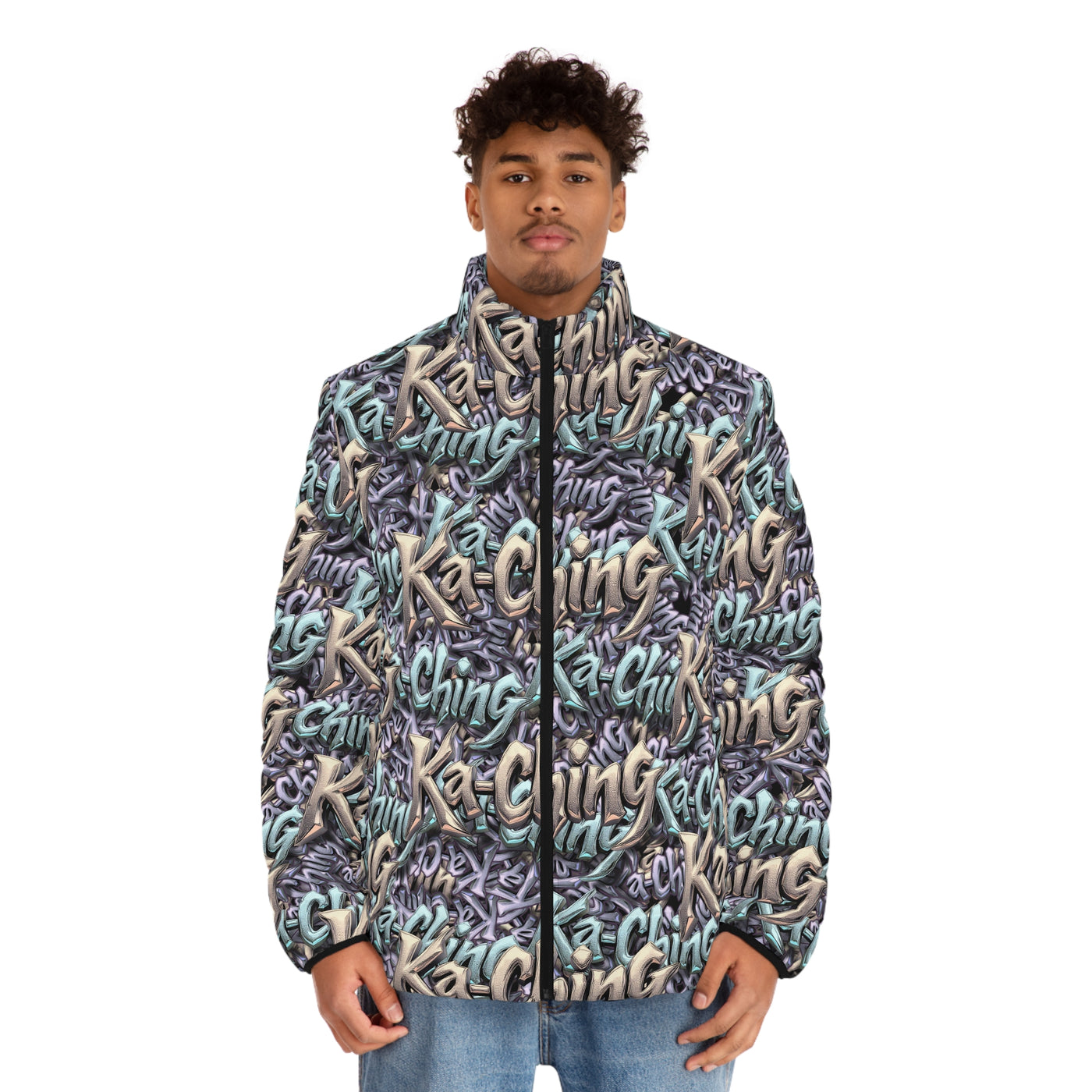 Ka-Ching Mauve Teal Tan graffiti designer print Puffer Jacket limited edition