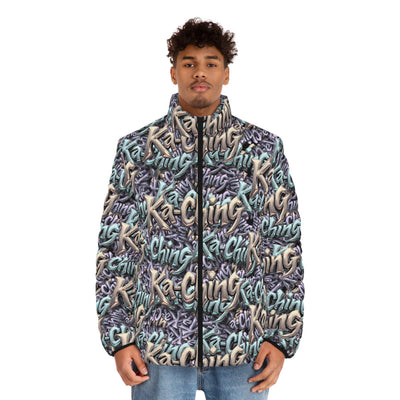 Ka-Ching Mauve Teal Tan graffiti designer print Puffer Jacket limited edition