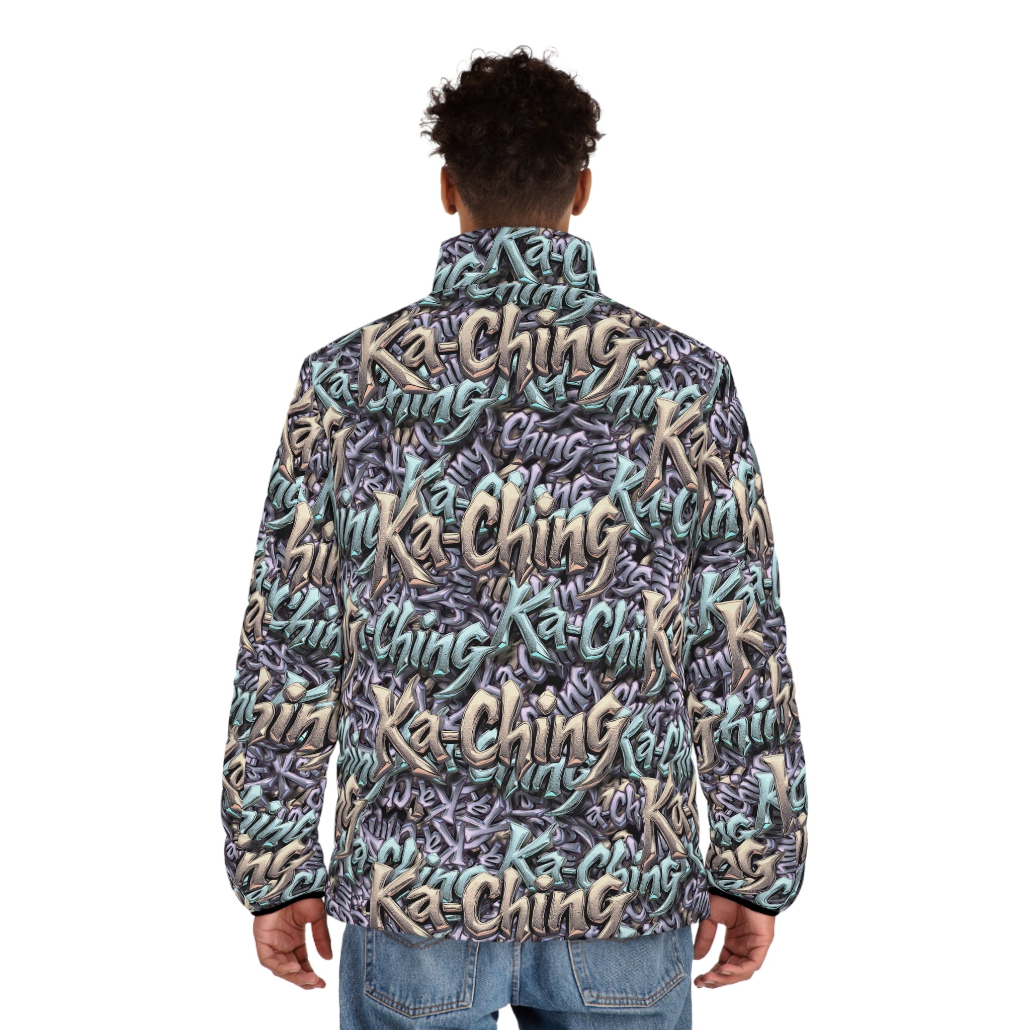Ka-Ching Mauve Teal Tan graffiti designer print Puffer Jacket limited edition