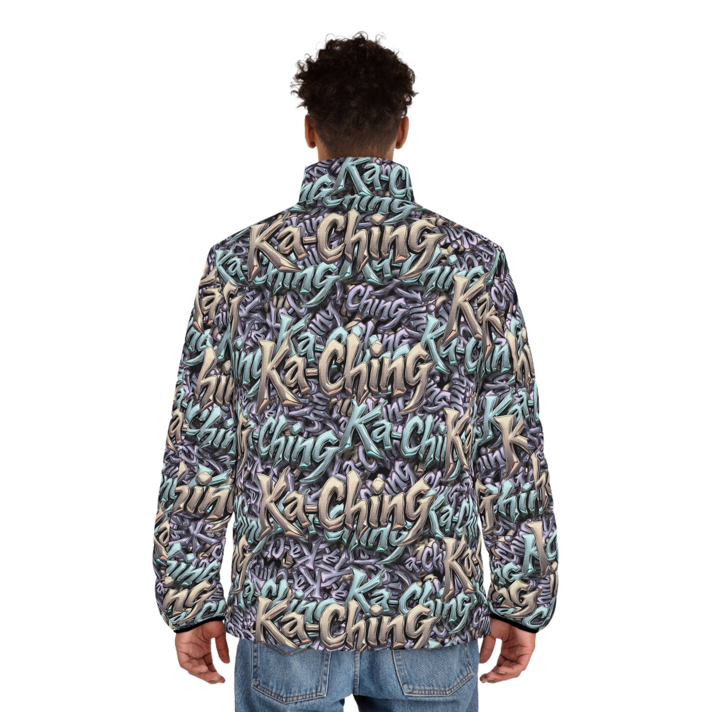 Ka-Ching Mauve Teal Tan graffiti designer print Puffer Jacket limited edition