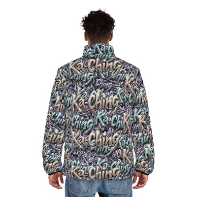 Ka-Ching Mauve Teal Tan graffiti designer print Puffer Jacket limited edition