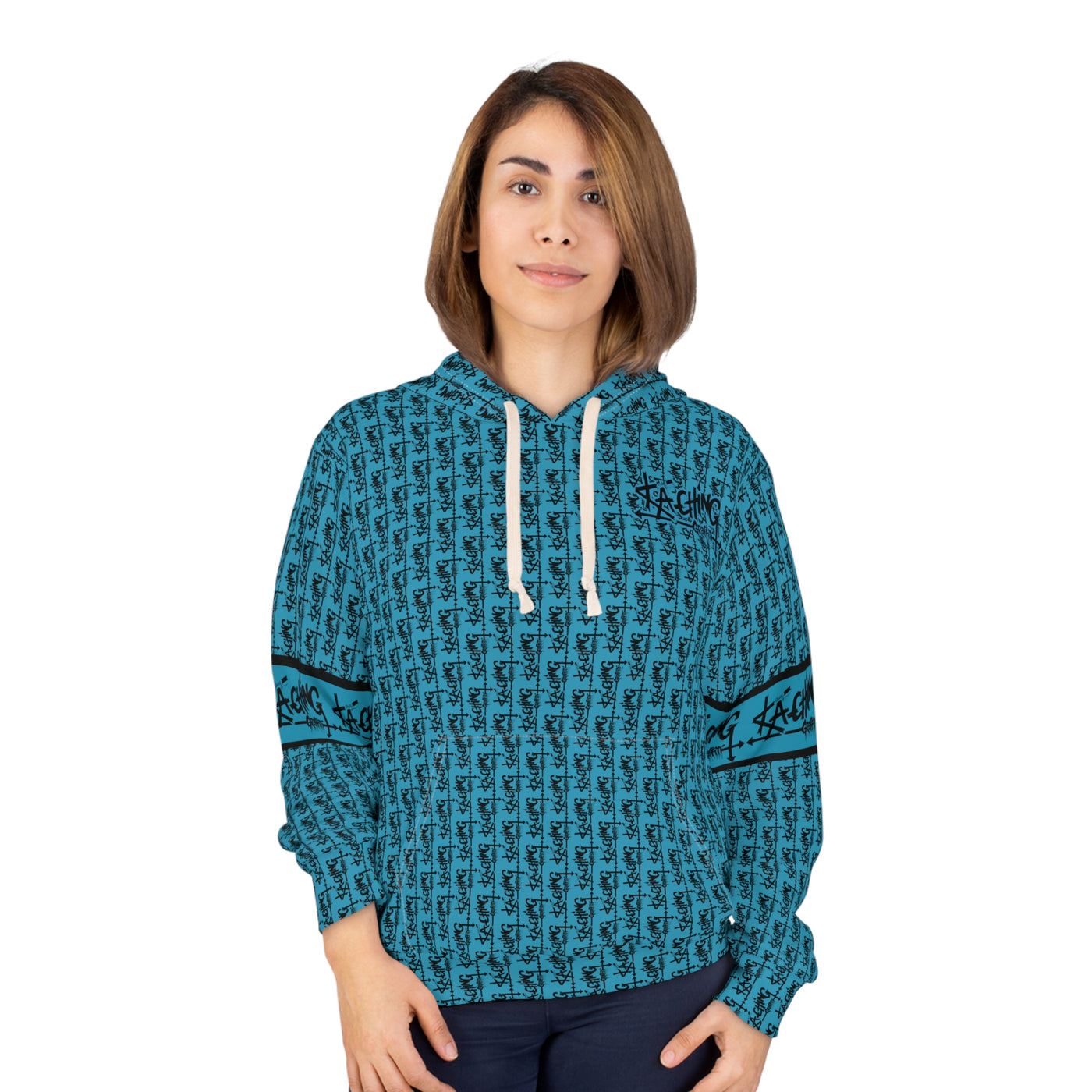 Ka-Ching Graffiti Aqua Hoodie - Unisex Pullover, Streetwear Fashion, Casualwear, Unique Graphic Sweatshirt, Gift for Creative Souls