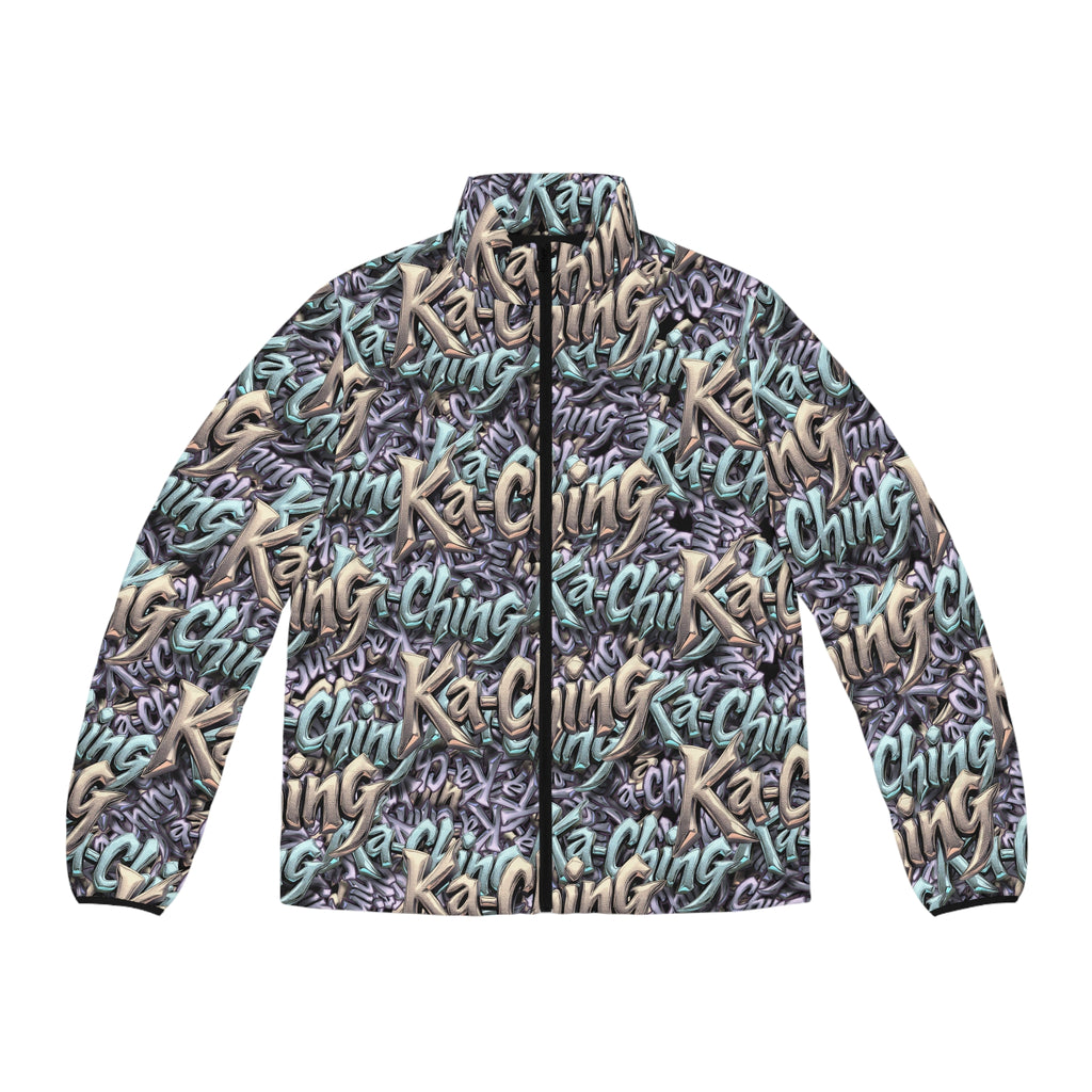 Ka-Ching Mauve Teal Tan graffiti designer print Puffer Jacket limited edition