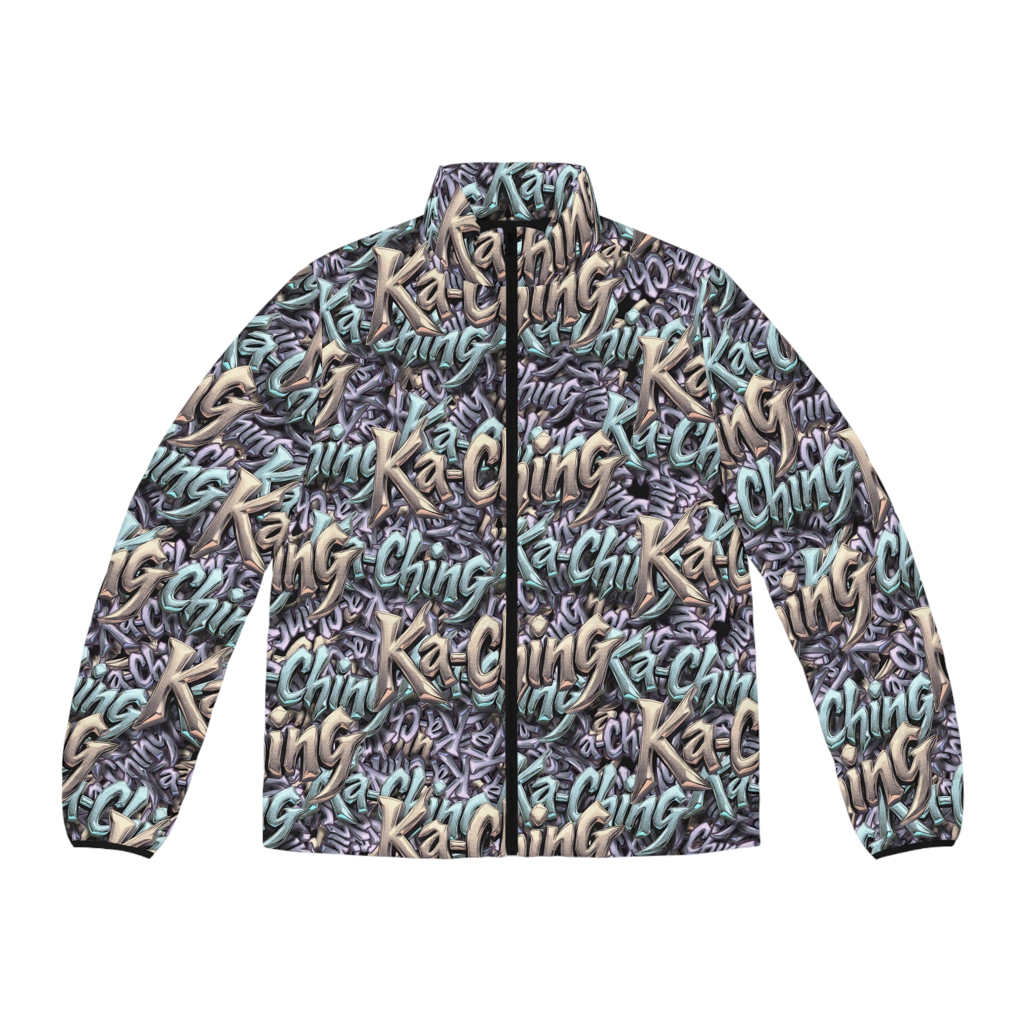 Ka-Ching Mauve Teal Tan graffiti designer print Puffer Jacket limited edition