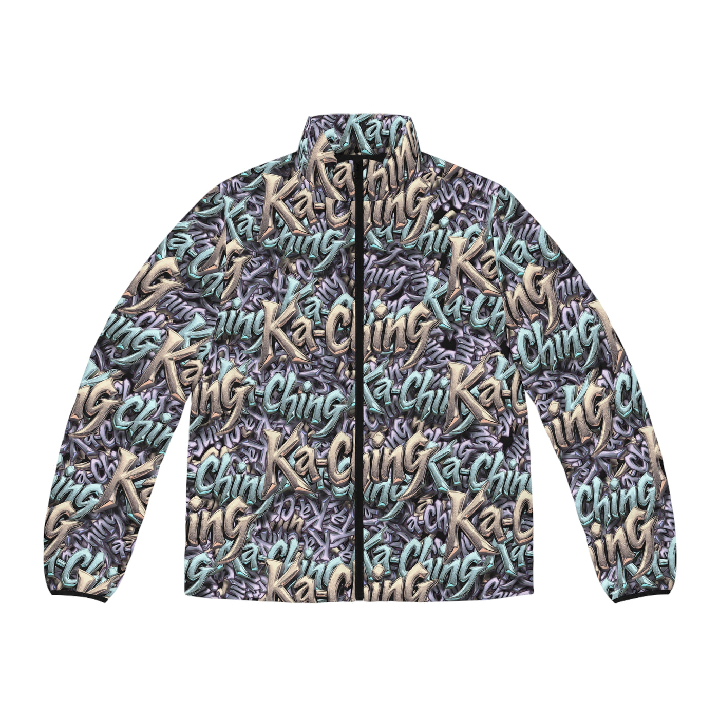 Ka-Ching Mauve Teal Tan graffiti designer print Puffer Jacket limited edition