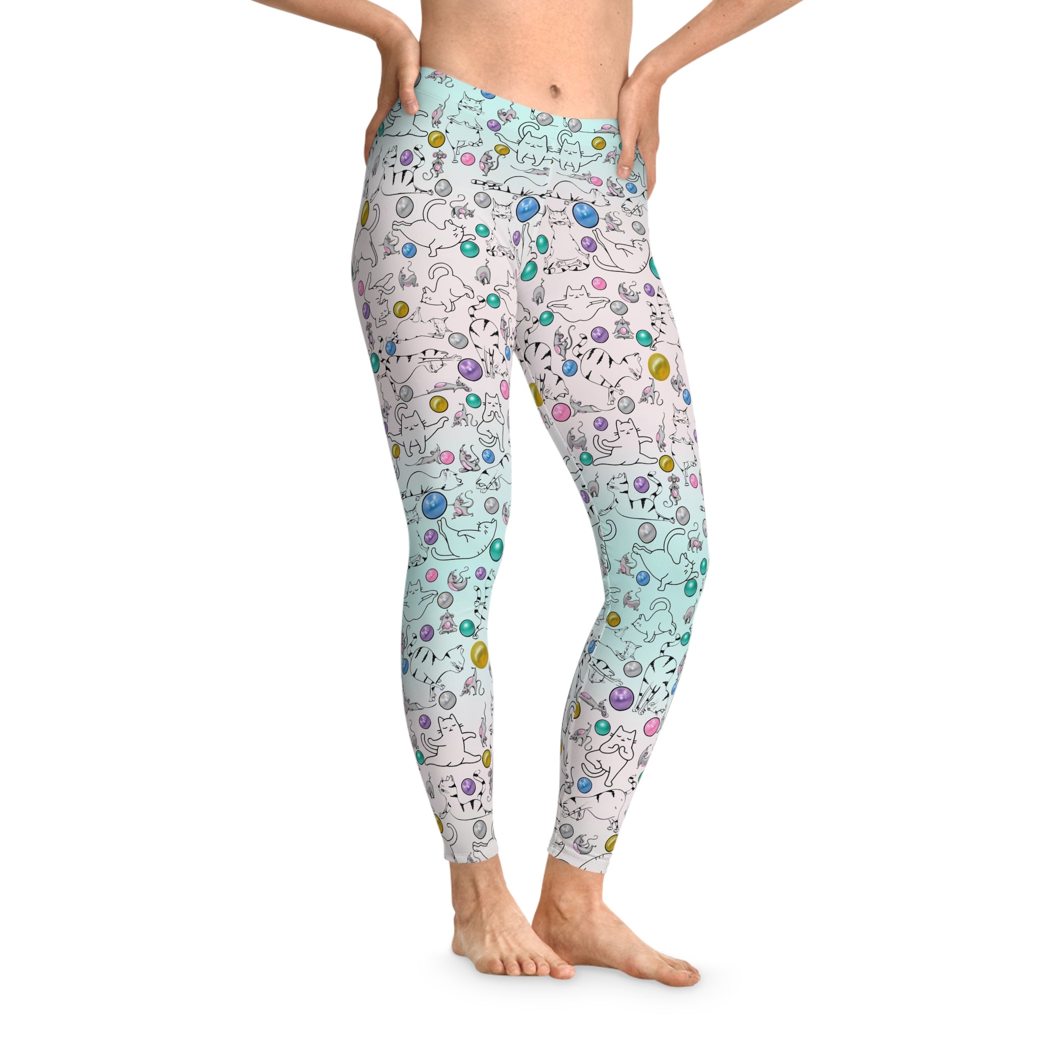 Playful Cat Print Stretchy Pilates/Yoga pants for a Comfortable & Fun exercise session.pink/pale green