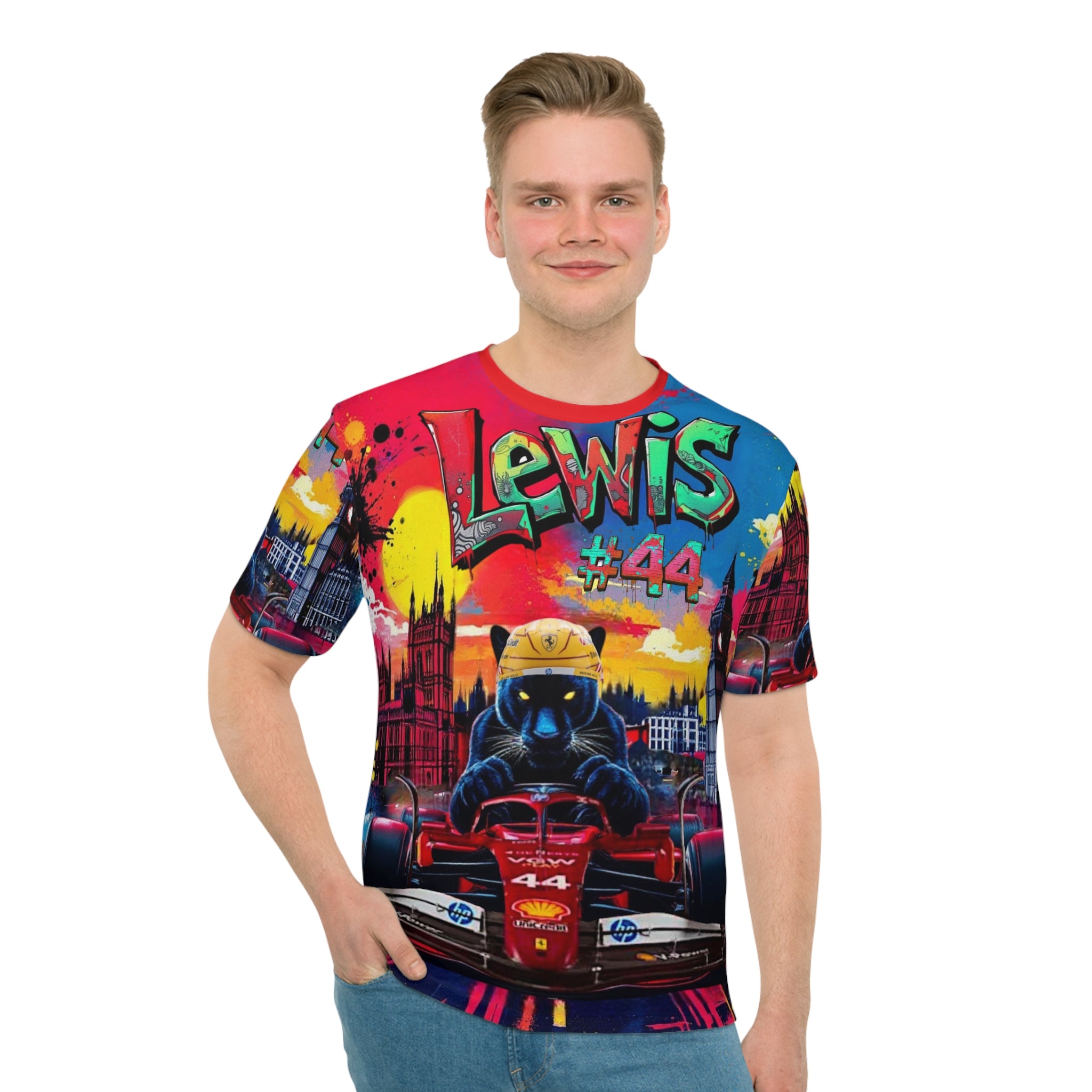 LH #44-Shirt - Colorful Racing Design with UK Backdrop - Perfect for Motorsport Fans