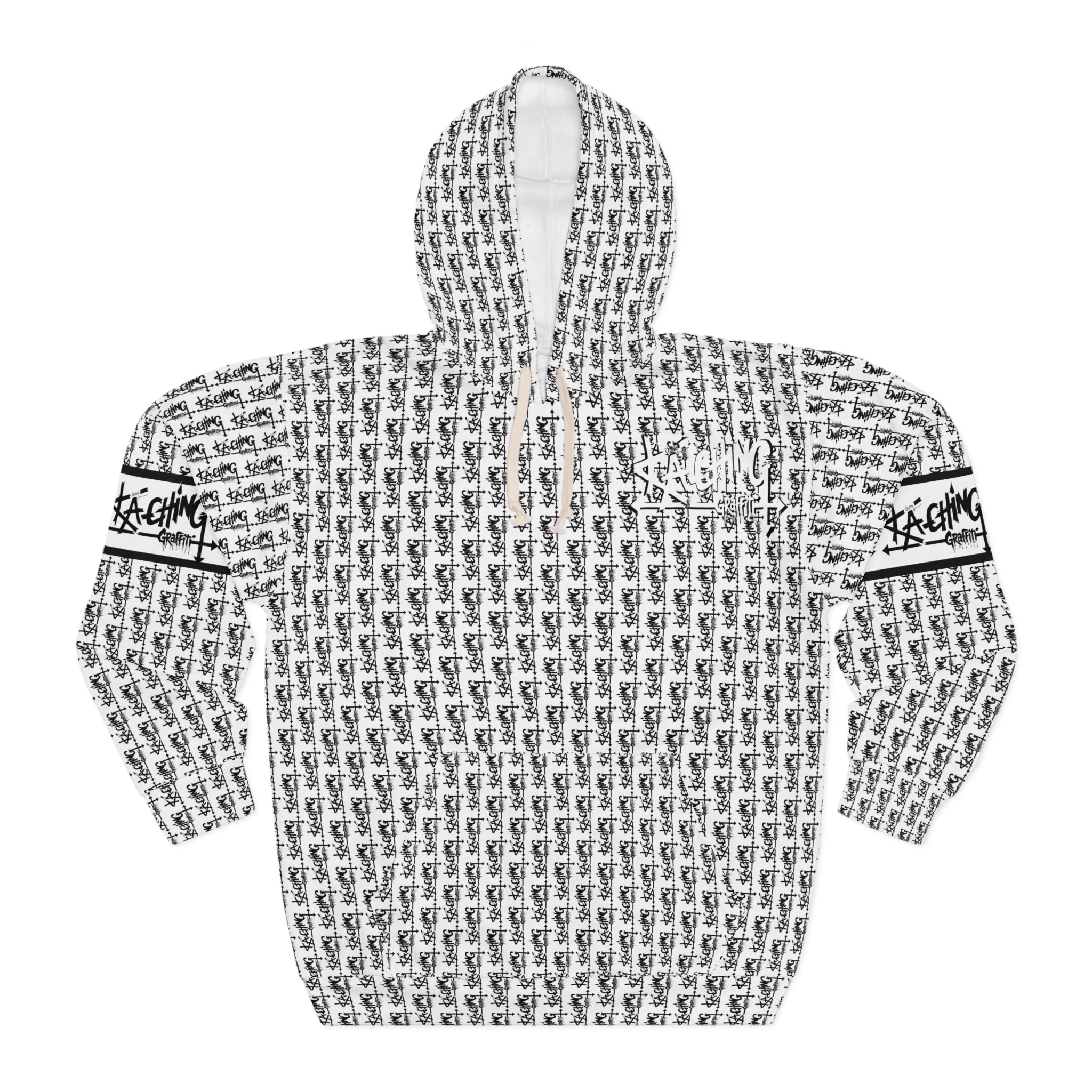 Ka-Ching Graffiti White Hoodie - Unisex Pullover, Streetwear Fashion, Casualwear, Unique Graphic Sweatshirt, Gift for Creative Souls