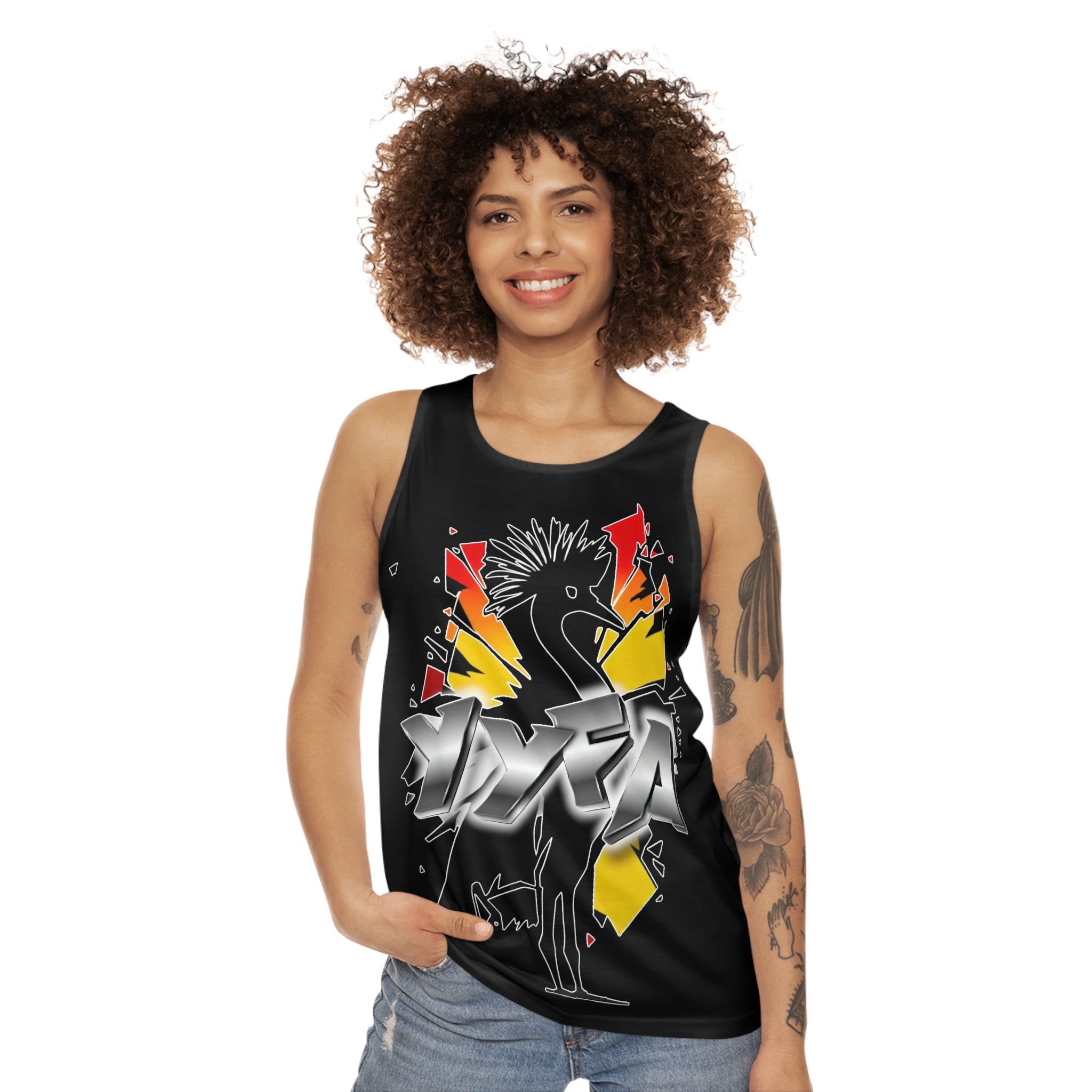 YYFA Graffiti Crowned Crane Tank Top — Bold Street-Style Graphic