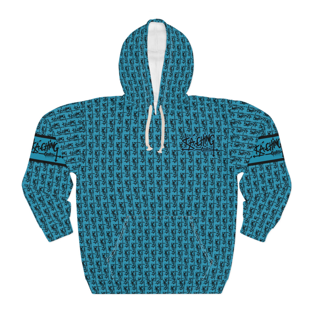 Ka-Ching Graffiti Aqua Hoodie - Unisex Pullover, Streetwear Fashion, Casualwear, Unique Graphic Sweatshirt, Gift for Creative Souls
