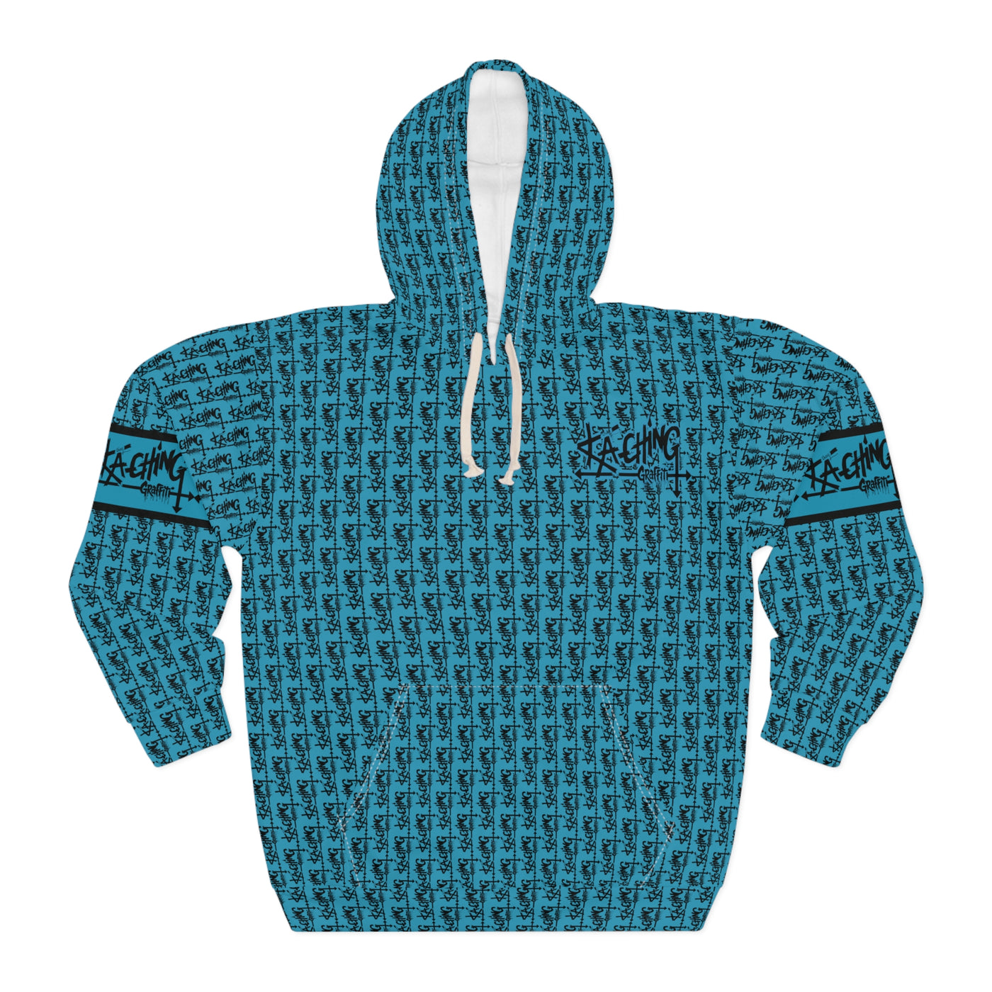 Ka-Ching Graffiti Aqua Hoodie - Unisex Pullover, Streetwear Fashion, Casualwear, Unique Graphic Sweatshirt, Gift for Creative Souls