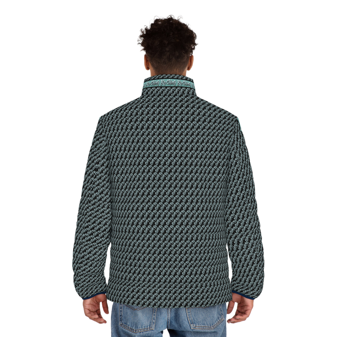 Ka-Ching Teal designer print Puffer Jacket limited edition