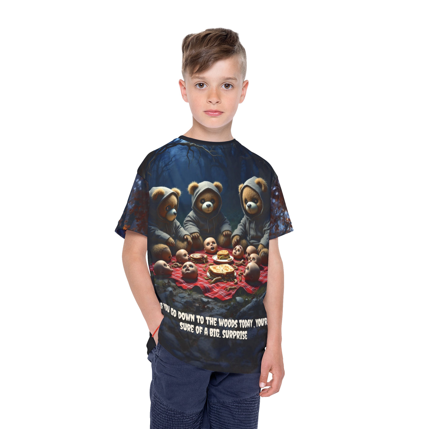 f you dare go down to the woods today unisex kid Tee