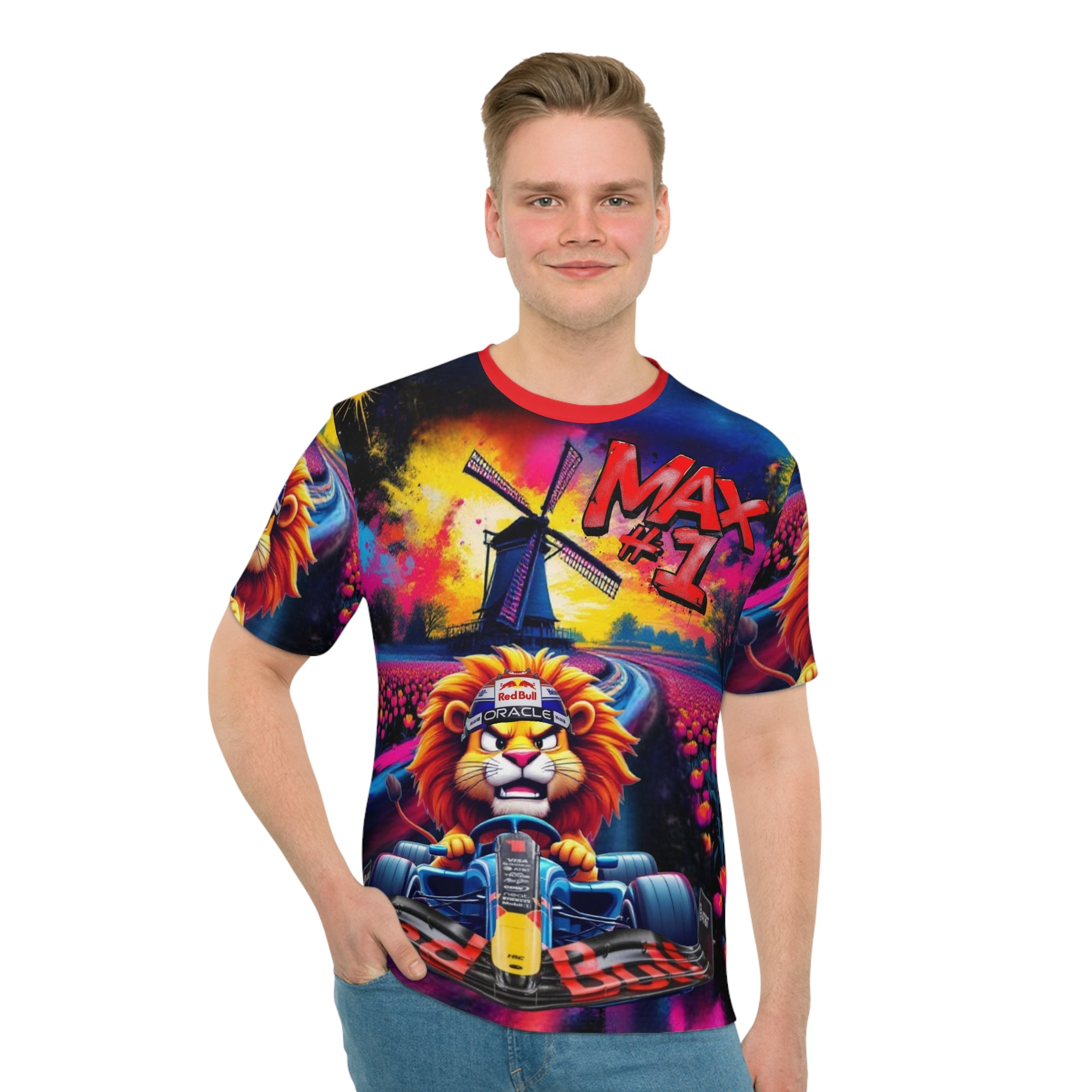 Max ĺlunisex Loose T-Shirt - Colorful Racing Design with N=-etherland Backdrop - Perfect for Motorsport Fans