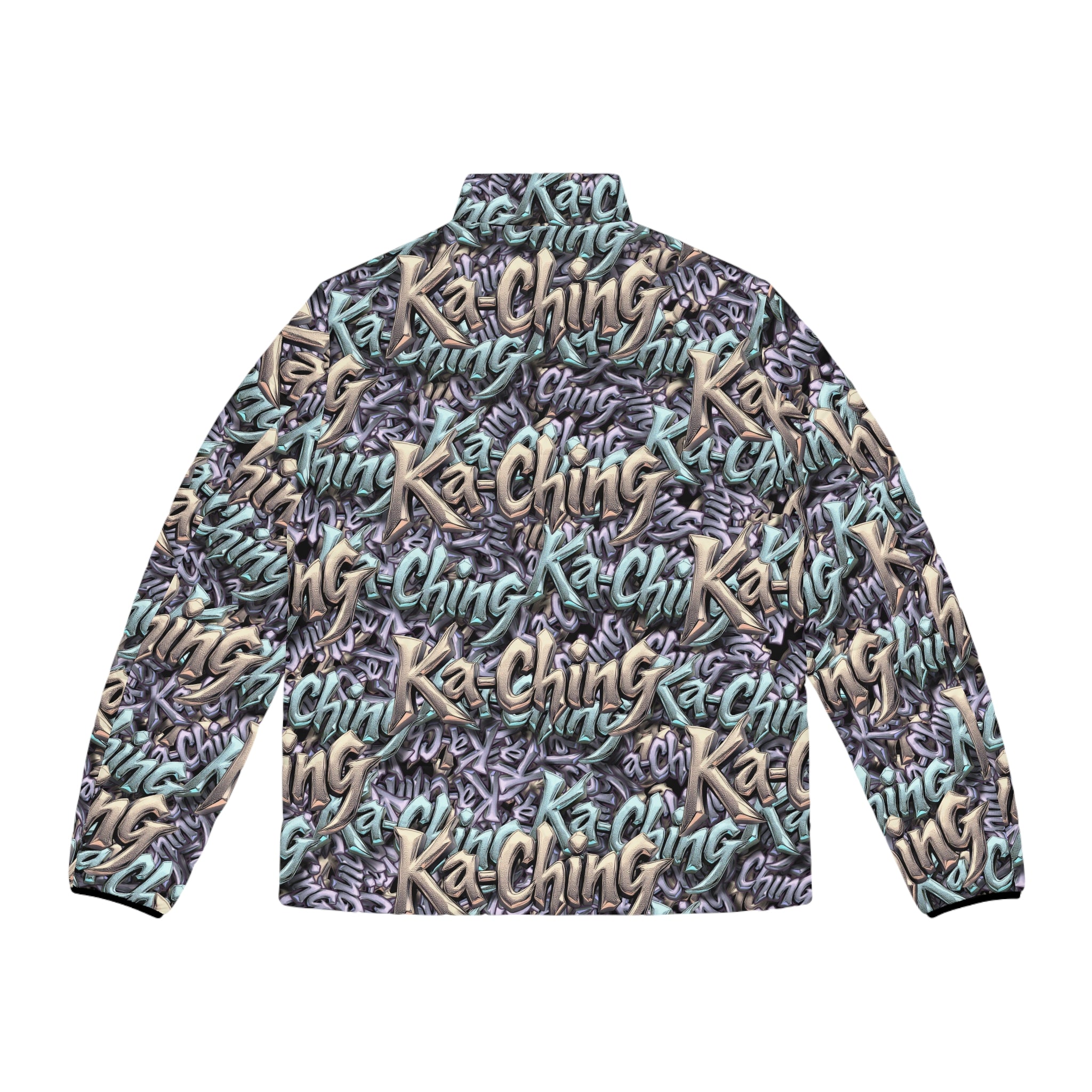 Ka-Ching Mauve Teal Tan graffiti designer print Puffer Jacket limited edition