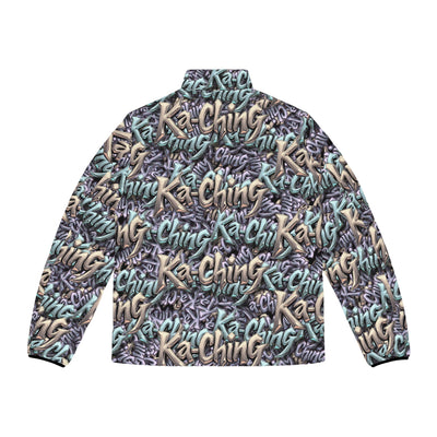 Ka-Ching Mauve Teal Tan graffiti designer print Puffer Jacket limited edition