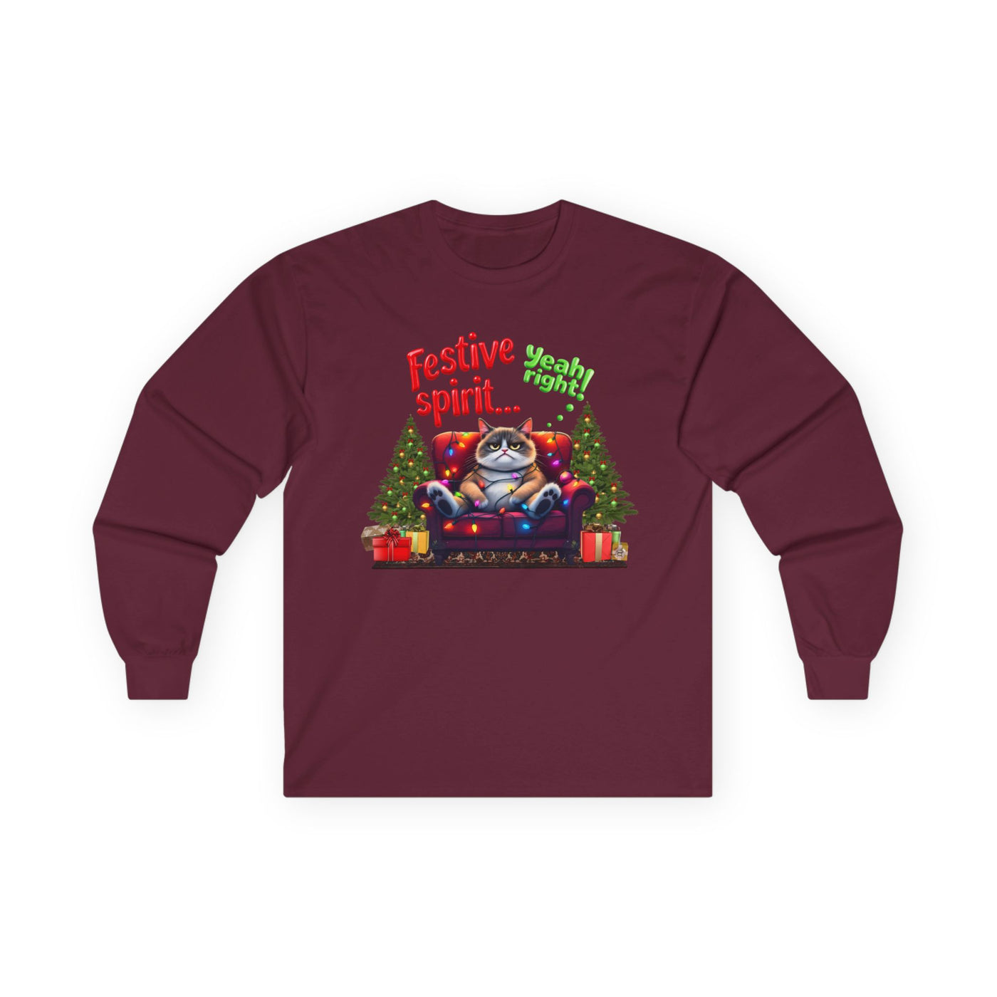 Grumpy Cat's Festive spirit, Unisex Long Sleeve Tee.