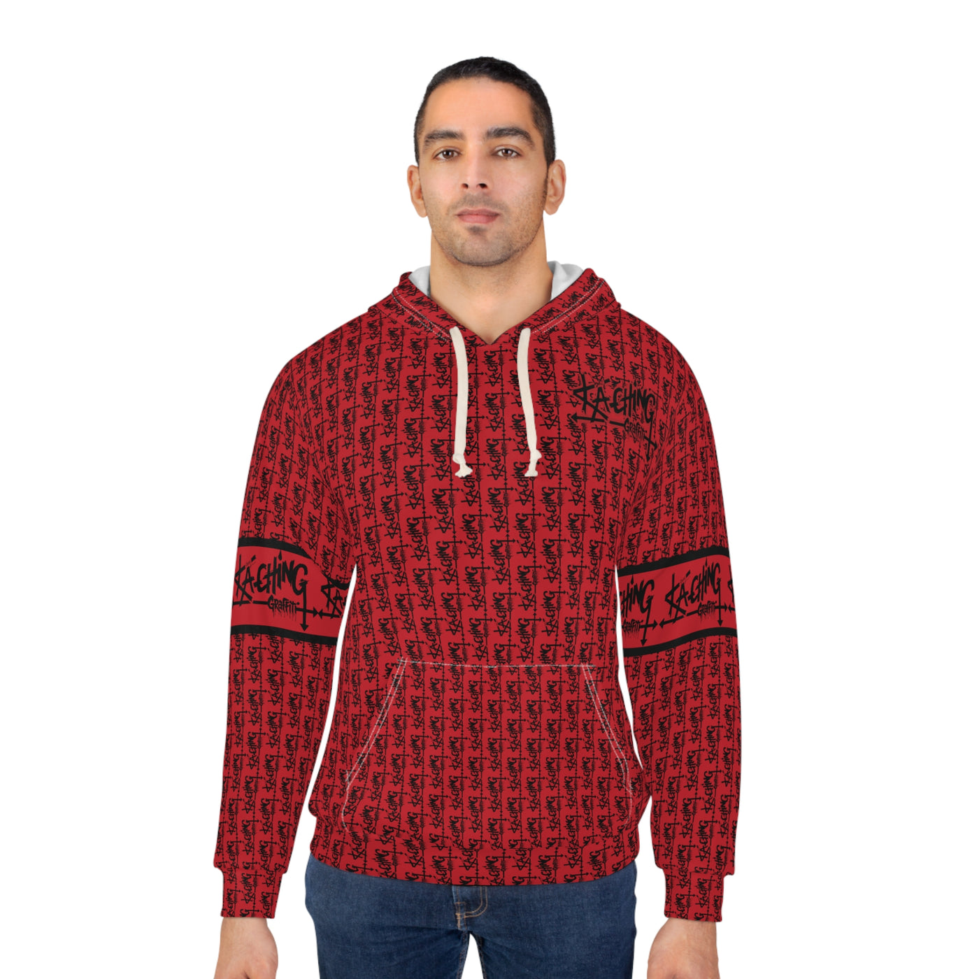 Ka-Ching Graffiti Dark Red Hoodie - Unisex Pullover, Streetwear Fashion, Casualwear, Unique Graphic Sweatshirt, Gift for Creative Souls