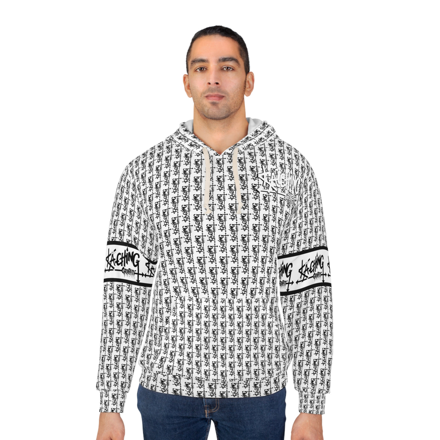 Ka-Ching Graffiti White Hoodie - Unisex Pullover, Streetwear Fashion, Casualwear, Unique Graphic Sweatshirt, Gift for Creative Souls